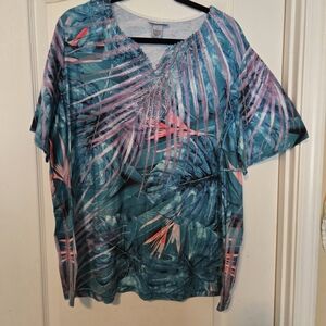Catherines Teal and Coral Tropical V-Neck Blouse